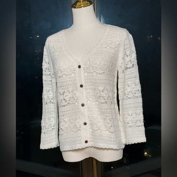 🆕 FARM Rio 🧿 NWOT White Crochet Button Up Cardigan Sweater, Sz S - Picture 1 of 15